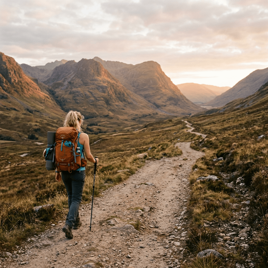 Person with backpack hiking on rocky mountain path